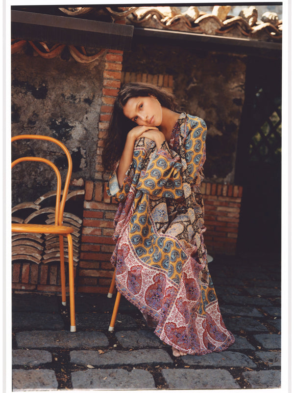 boteh pietro silk maxi dress BOTEH Pietro Maxi Dress | Earthy Patchwork Bohemian Elegance
