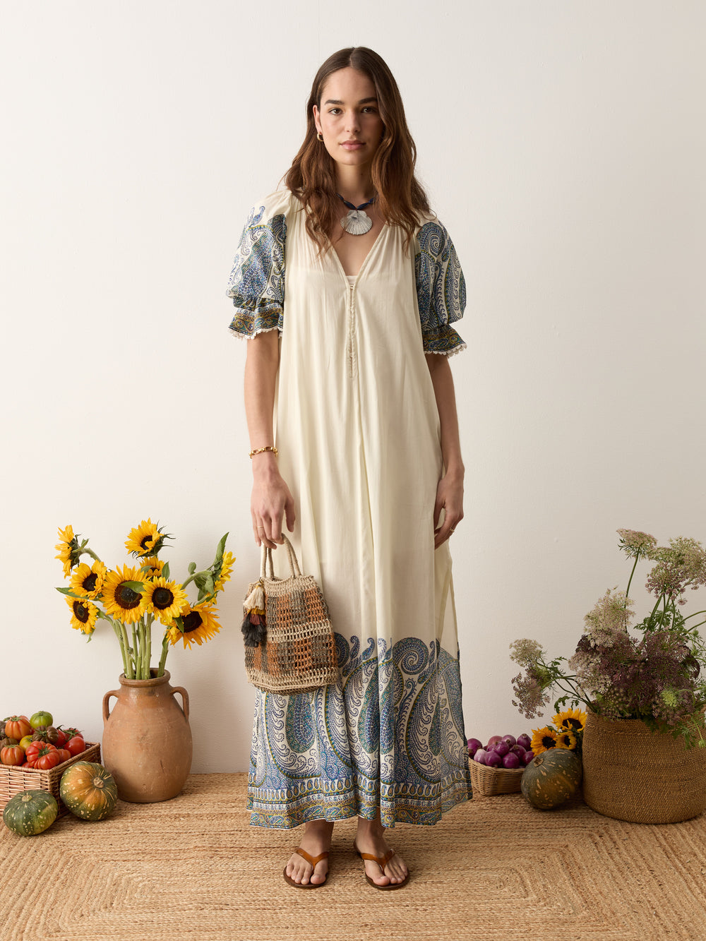 arcadia paisley puff sleeve maxi dress