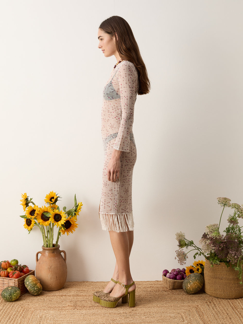 folkora long sleeve dress w fringe | Boteh