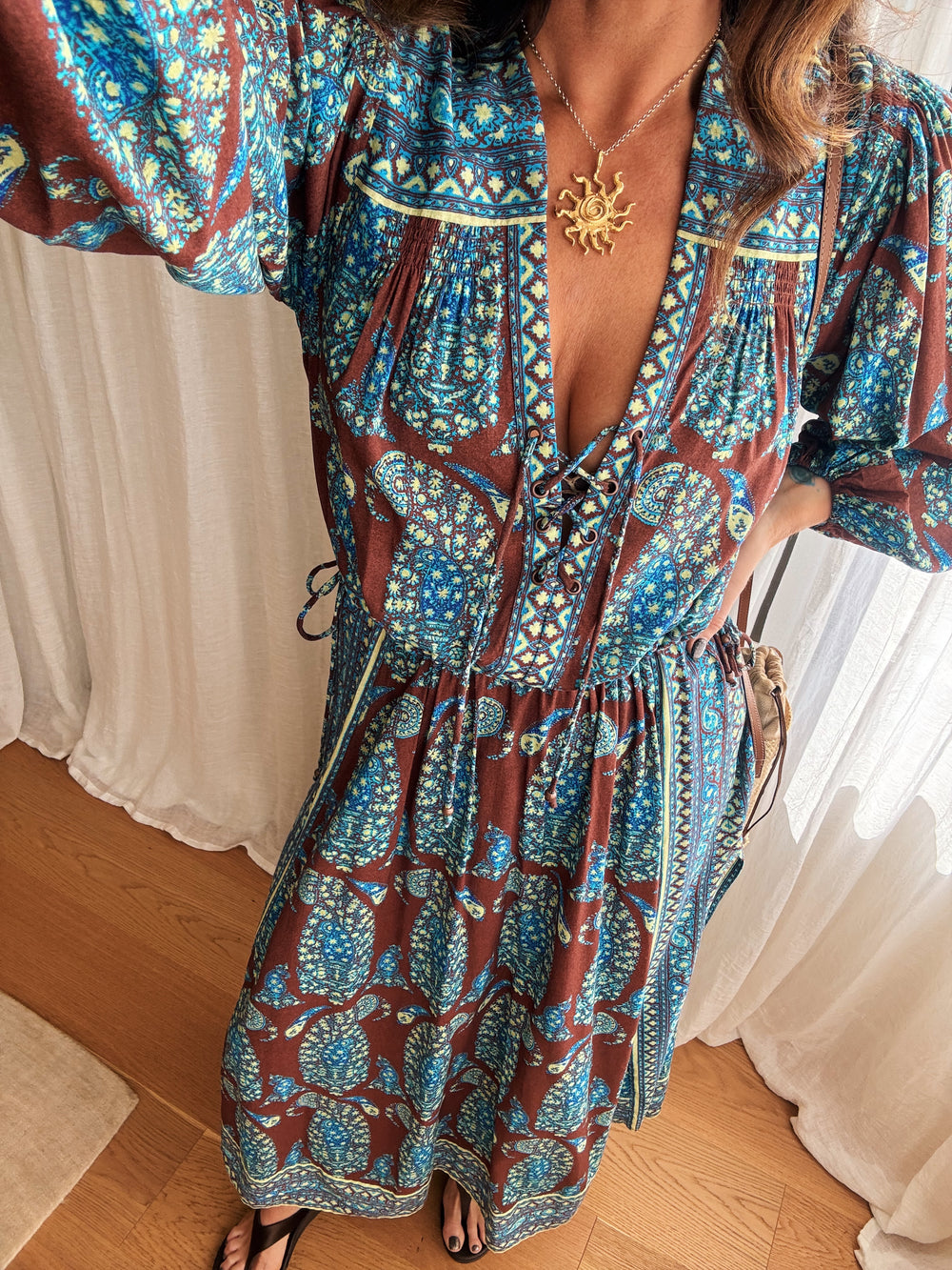 calico lace up maxi smock dress | Boteh