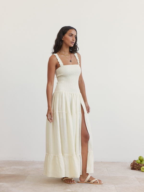 Shirred Maxi Dress w Split Boteh Swim and Beach Essentials